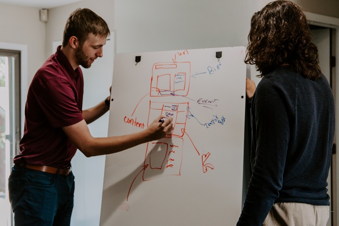 man drawing on dry-erase board showing presentation structure