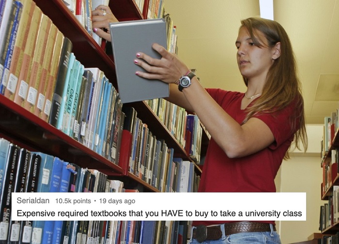 a girl in red standing in a library to show the american problems